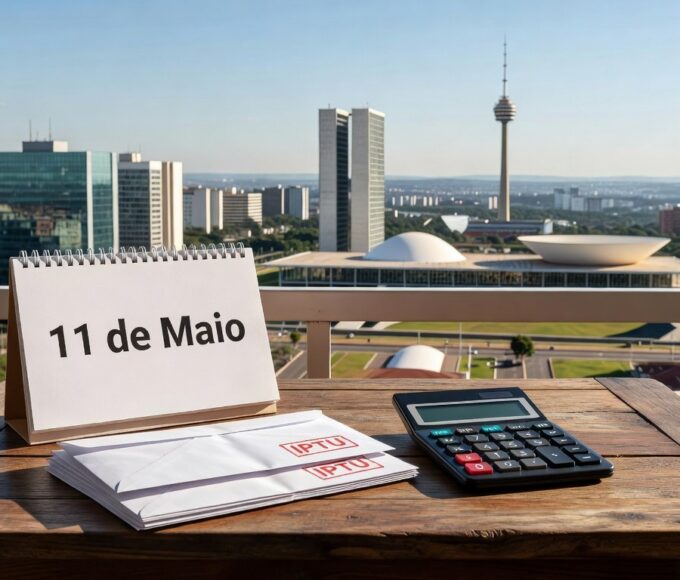 Vista urbana de Brasília com calendário marcando 11 de maio, simbolizando pagamento do IPTU 2026 com desconto de 10% à vista.