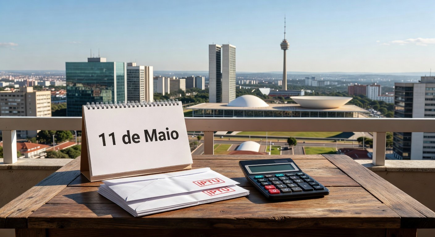 Vista urbana de Brasília com calendário marcando 11 de maio, simbolizando pagamento do IPTU 2026 com desconto de 10% à vista.
