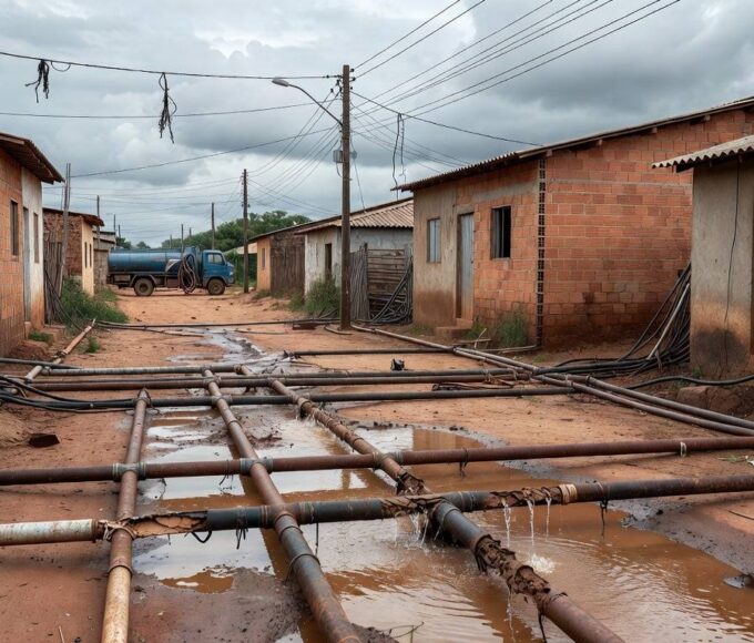 Ligações clandestinas de esgoto em rua de Sucupira, DF, com tubulações expostas e poças de água, destacando riscos sanitários e ação lenta do GDF.