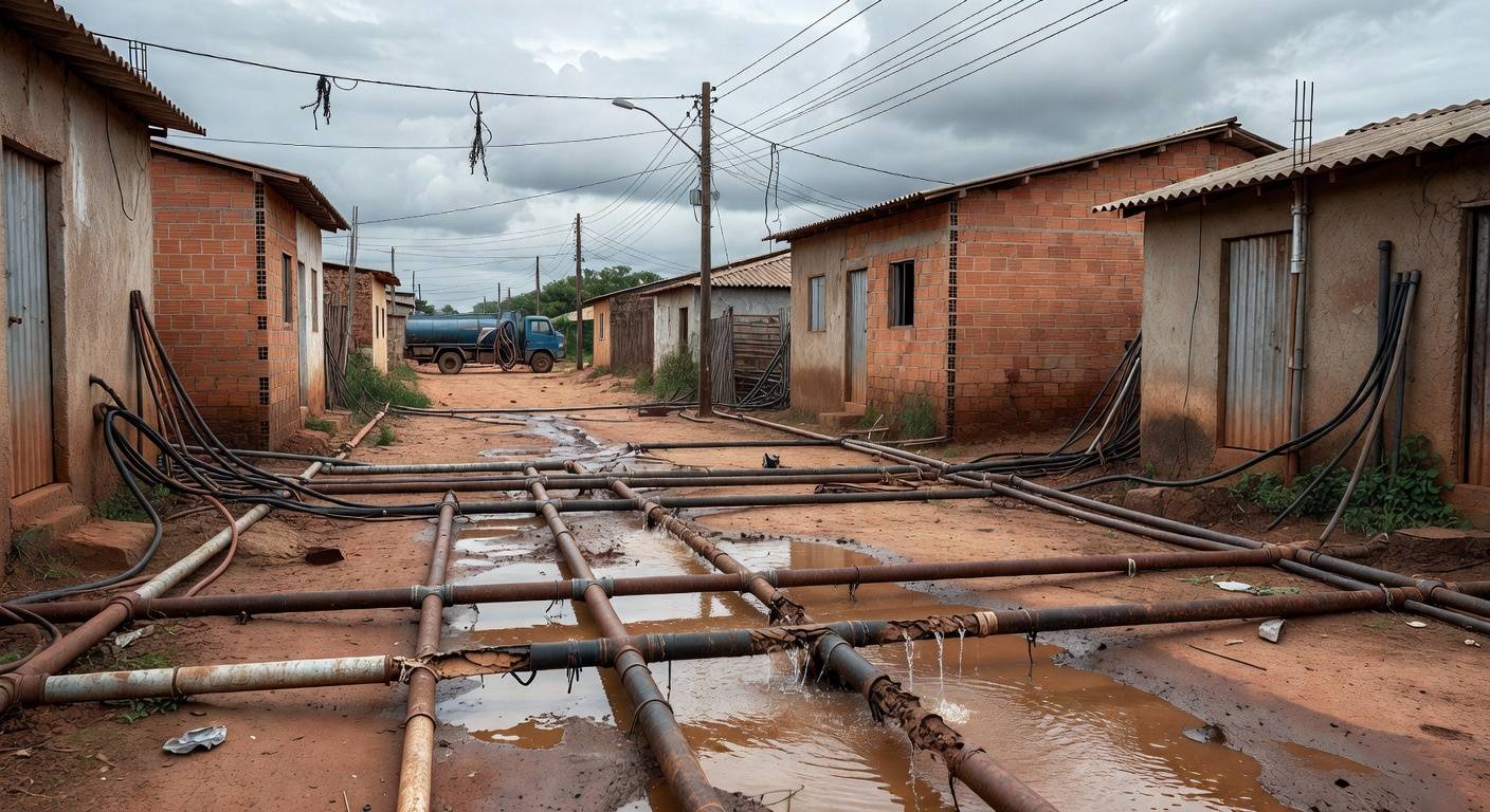 Ligações clandestinas de esgoto em rua de Sucupira, DF, com tubulações expostas e poças de água, destacando riscos sanitários e ação lenta do GDF.