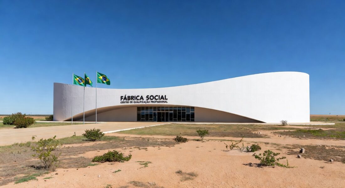 Prédio moderno em Brasília representando a Fábrica Social, com arquitetura icônica e bandeiras do Brasil.