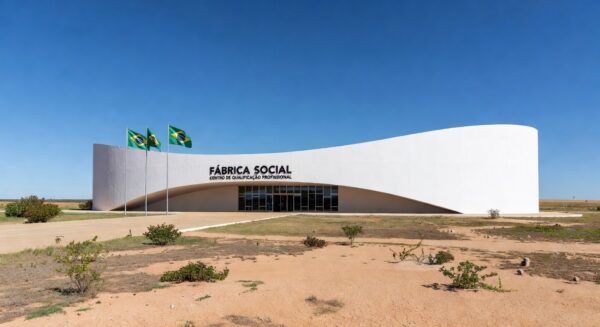 Prédio moderno em Brasília representando a Fábrica Social, com arquitetura icônica e bandeiras do Brasil.