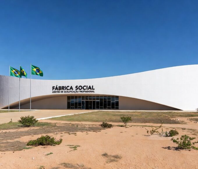 Prédio moderno em Brasília representando a Fábrica Social, com arquitetura icônica e bandeiras do Brasil.