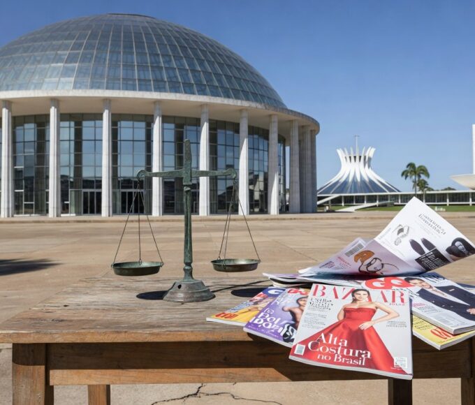 Fachada do CNJ em Brasília com balança da justiça e revistas de moda, simbolizando combate a violações trabalhistas no DF.