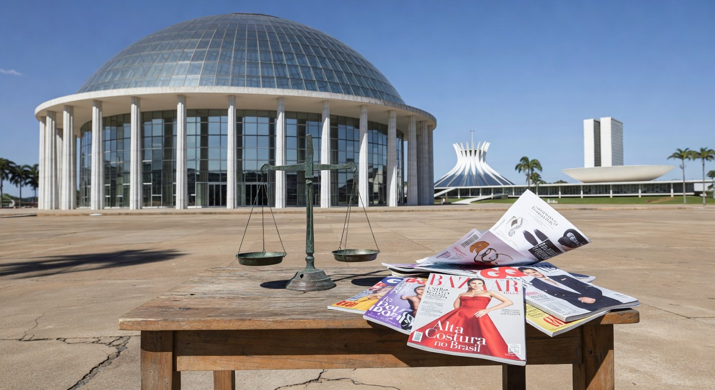 Fachada do CNJ em Brasília com balança da justiça e revistas de moda, simbolizando combate a violações trabalhistas no DF.