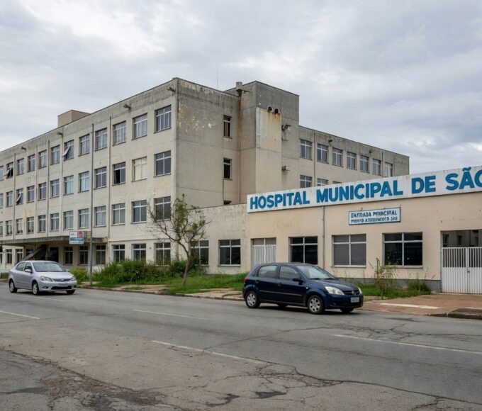 Hospital público no Brasil com estrada ao lado, representando caronas diárias para apoiar familiar em coma após cirurgia.