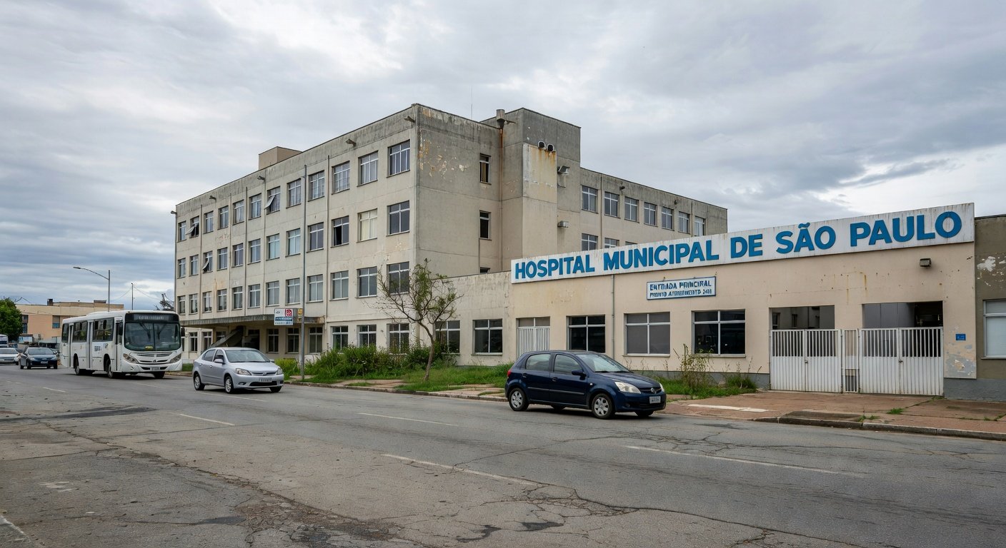 Hospital público no Brasil com estrada ao lado, representando caronas diárias para apoiar familiar em coma após cirurgia.