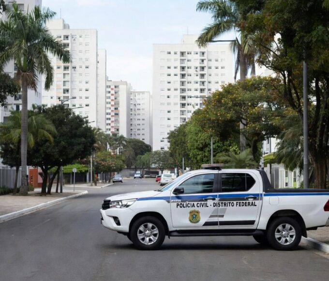 Viatura policial na Asa Sul, Brasília, representando prisão por armazenamento de material de abuso sexual infantil.