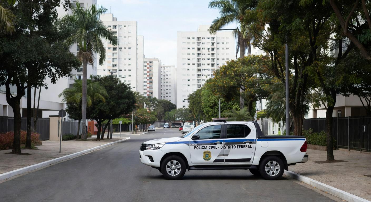 Viatura policial na Asa Sul, Brasília, representando prisão por armazenamento de material de abuso sexual infantil.