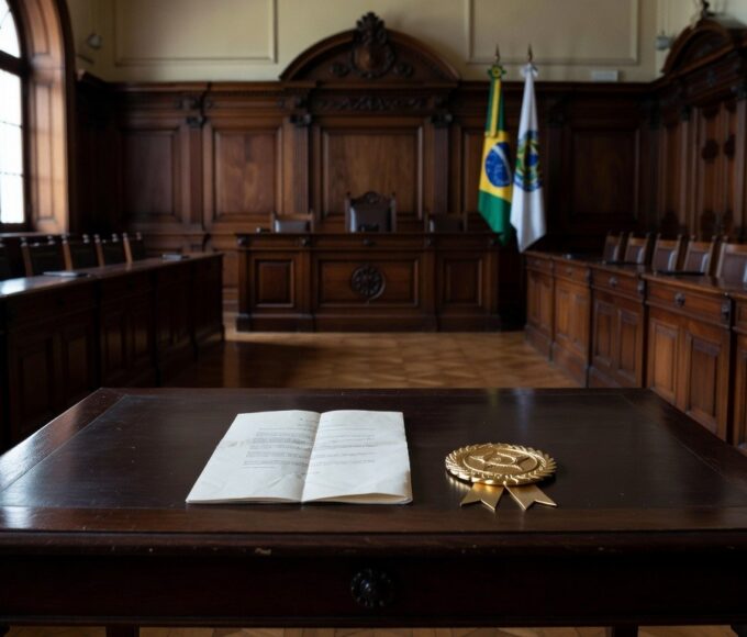 Sala legislativa com documento de título honorário e bandeiras brasileiras