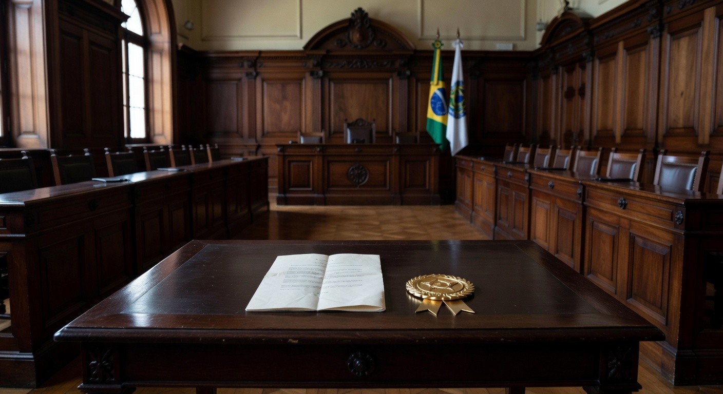 Sala legislativa com documento de título honorário e bandeiras brasileiras