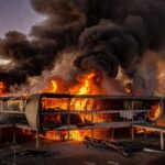 Incêndio em lojas da Feira dos Importados em Brasília com chamas e fumaça