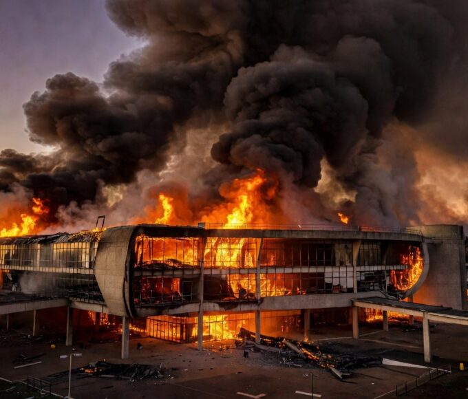Incêndio em lojas da Feira dos Importados em Brasília com chamas e fumaça