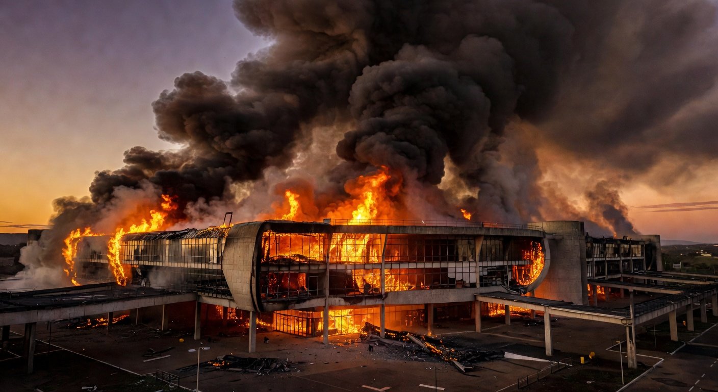 Incêndio em lojas da Feira dos Importados em Brasília com chamas e fumaça