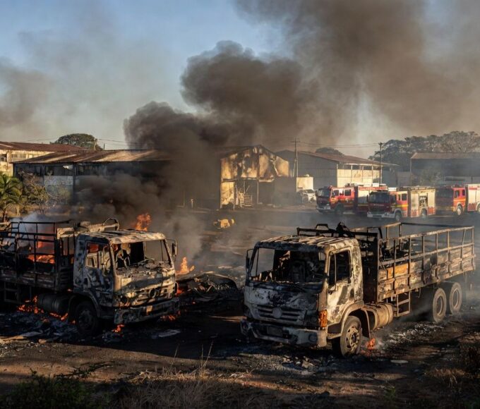 Caminhões destruídos por incêndio no SAAN com bombeiros do DF