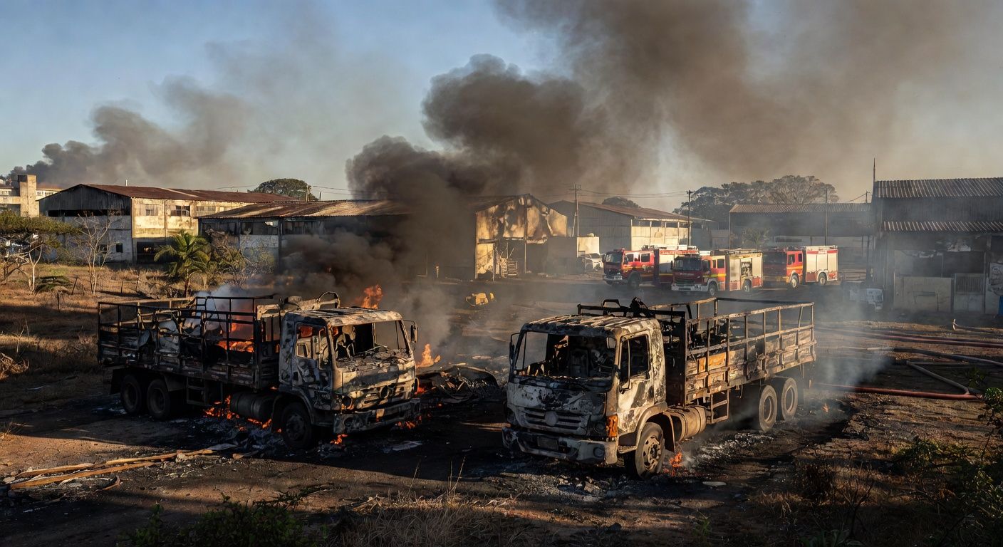 Caminhões destruídos por incêndio no SAAN com bombeiros do DF