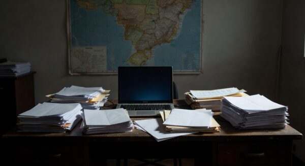 Mesa de redação com laptop e documentos em branco simbolizando falta de dados factuais para reportagem