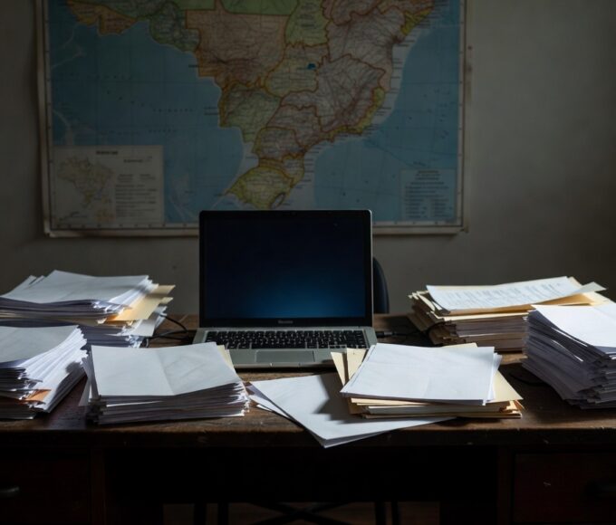 Mesa de redação com laptop e documentos em branco simbolizando falta de dados factuais para reportagem