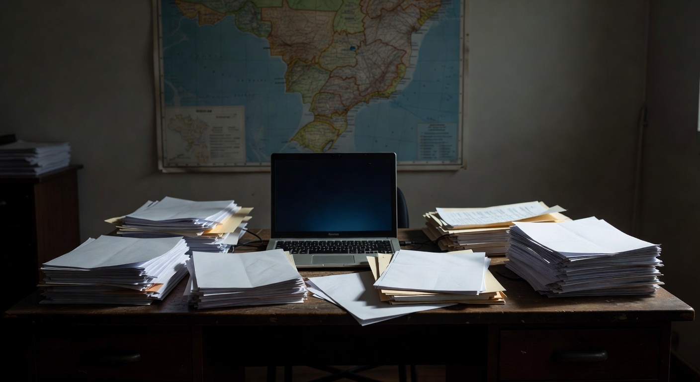 Mesa de redação com laptop e documentos em branco simbolizando falta de dados factuais para reportagem
