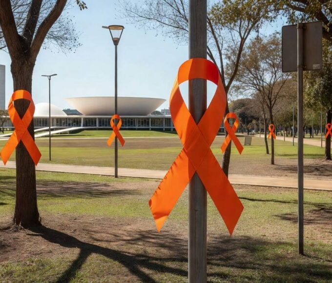 Fitas laranjas em Brasília durante campanha Maio Laranja do MPDFT contra abuso sexual infantil
