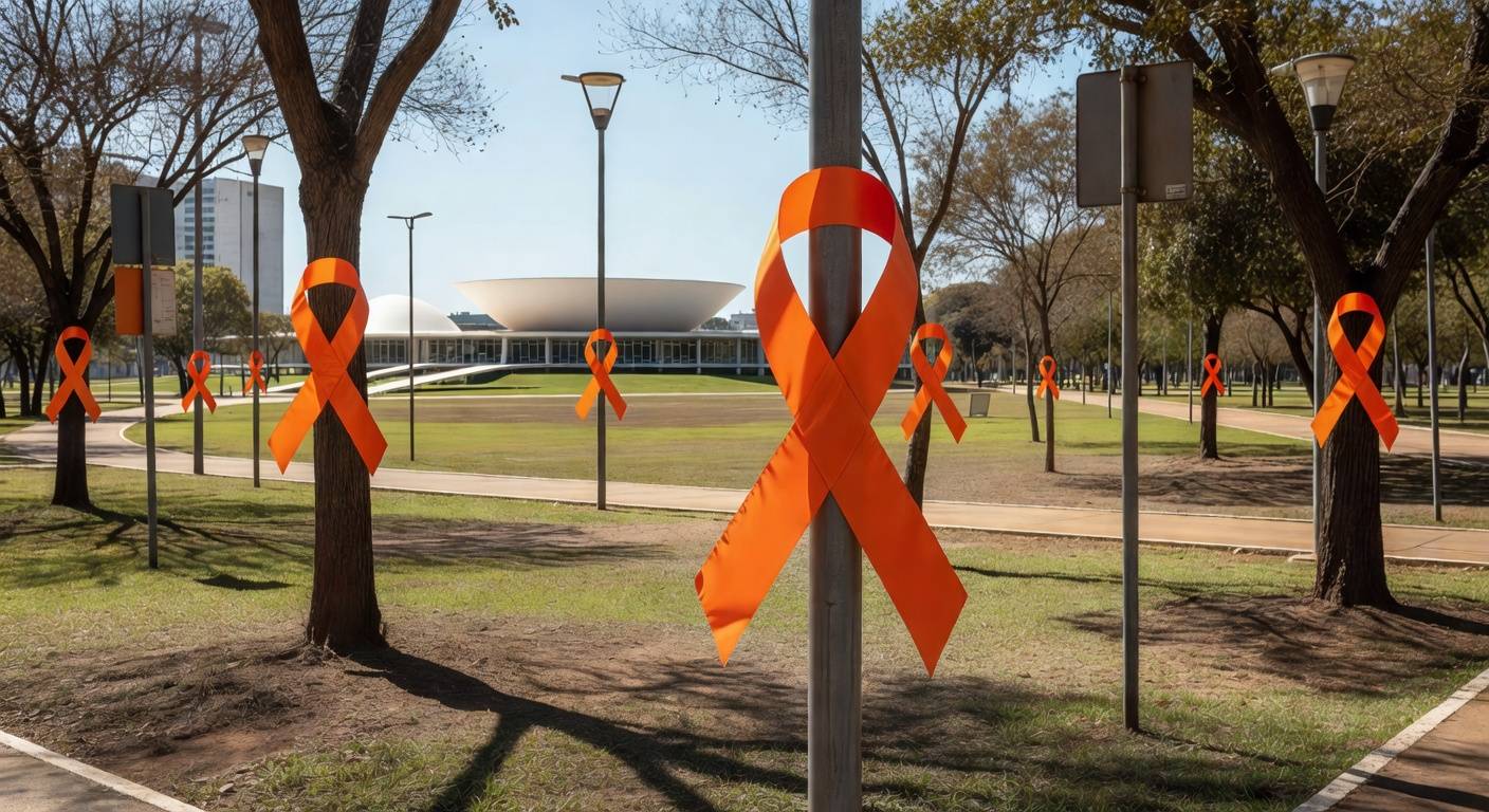 Fitas laranjas em Brasília durante campanha Maio Laranja do MPDFT contra abuso sexual infantil