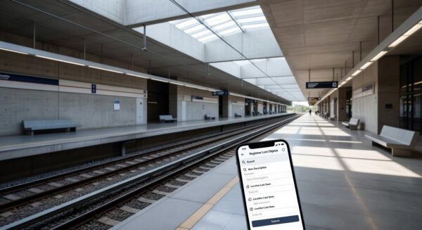 Estação do Metrô-DF com smartphone mostrando app para registrar objetos perdidos