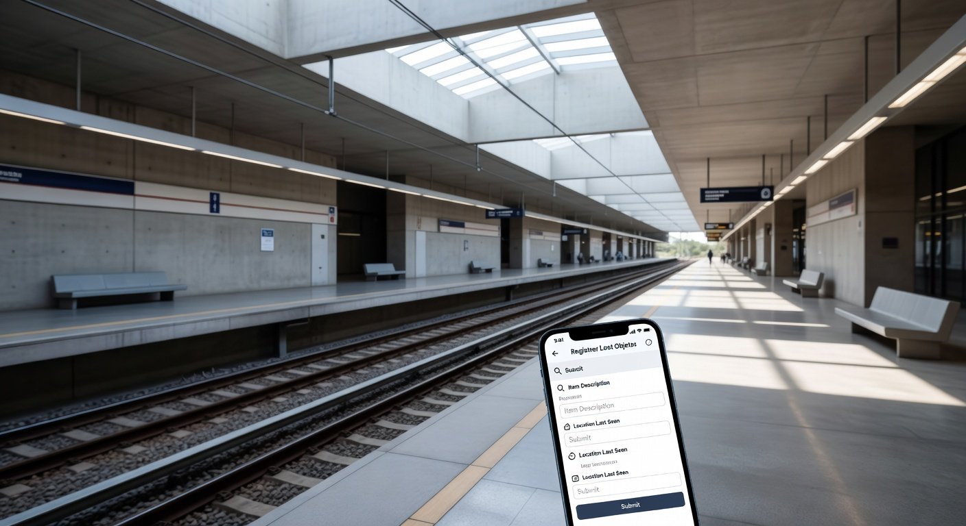 Estação do Metrô-DF com smartphone mostrando app para registrar objetos perdidos
