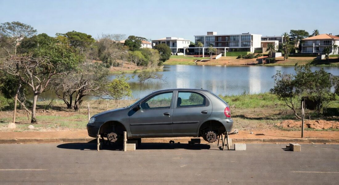 Carro com rodas e pneus furtados no Lago Norte, em Brasília
