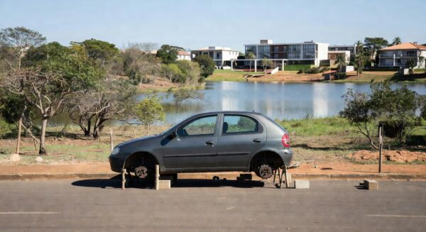 Carro com rodas e pneus furtados no Lago Norte, em Brasília