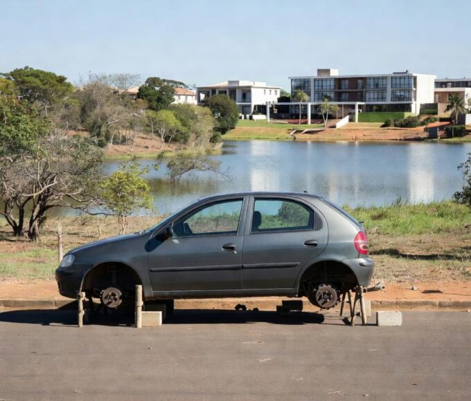 Carro com rodas e pneus furtados no Lago Norte, em Brasília