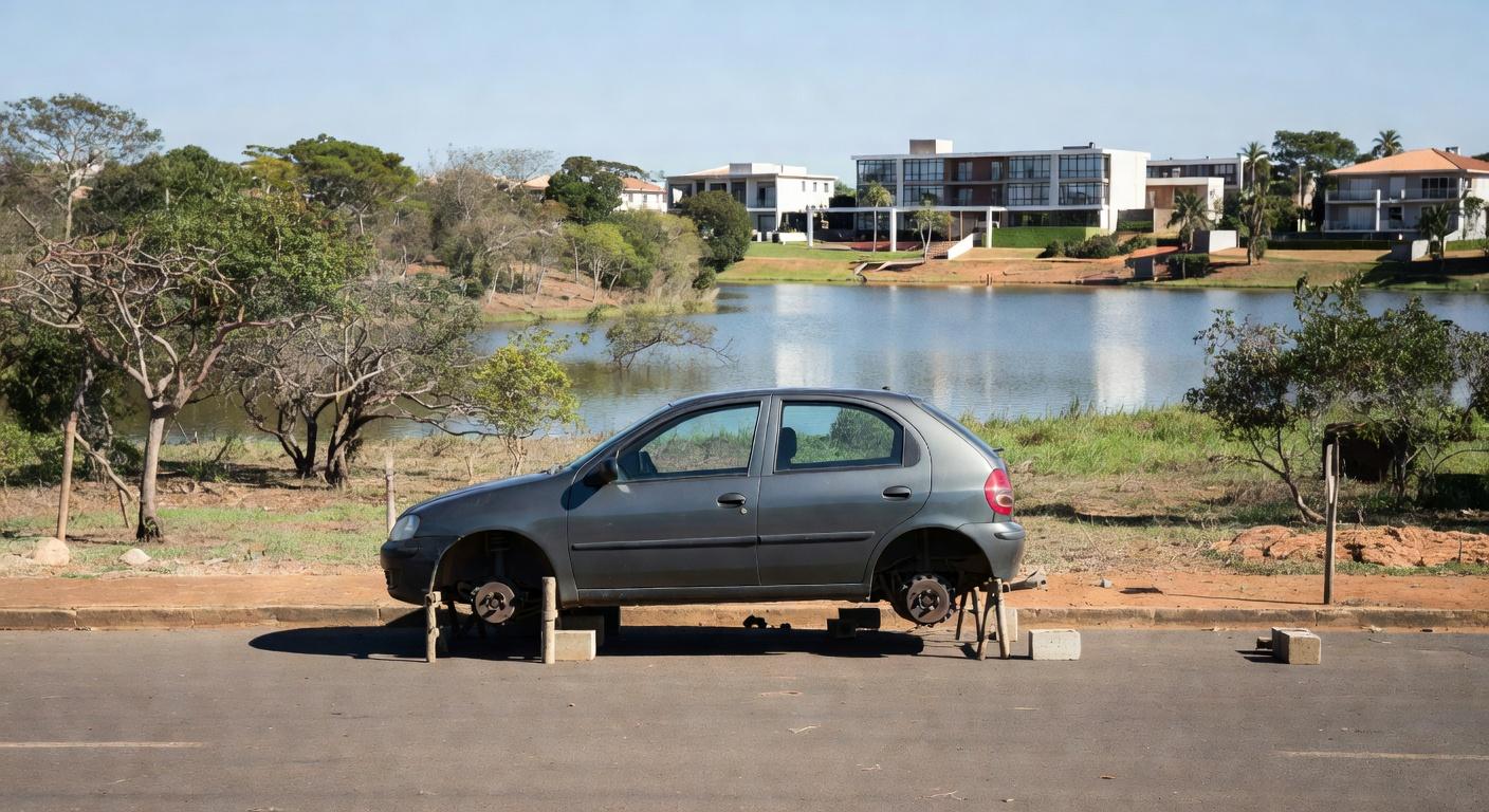 Carro com rodas e pneus furtados no Lago Norte, em Brasília