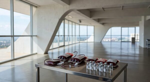 Centro de doação de sangue com bolsas e vacinas em Brasília representando prioridade de vacinação para doadores no DF