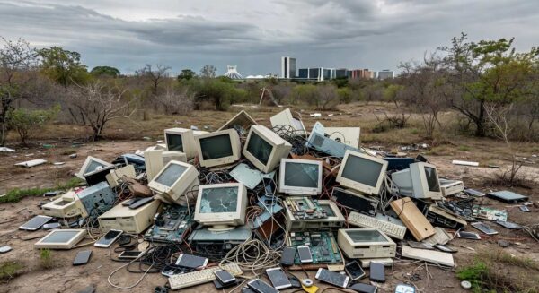 Pilha de lixo eletrônico em área degradada do Distrito Federal agravando crise ambiental