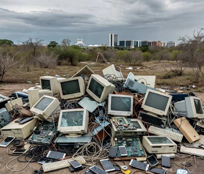 Pilha de lixo eletrônico em área degradada do Distrito Federal agravando crise ambiental