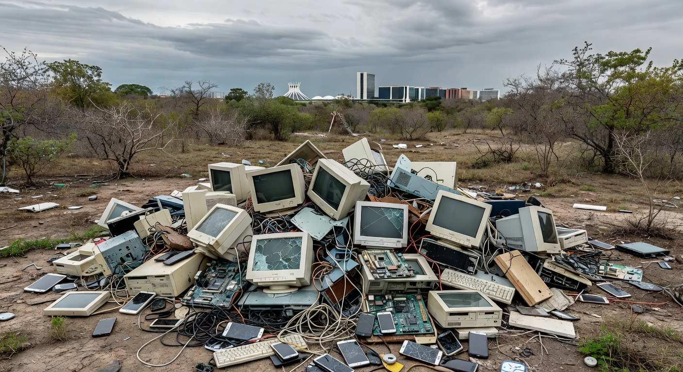 Pilha de lixo eletrônico em área degradada do Distrito Federal agravando crise ambiental