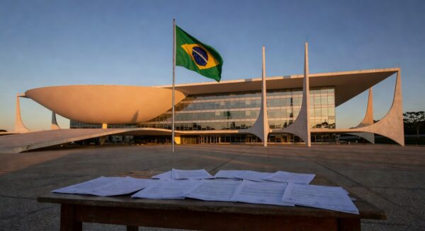 Prédio da Câmara Legislativa do DF com documentos simbolizando lei contra exploração de cooperados