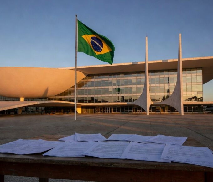 Prédio da Câmara Legislativa do DF com documentos simbolizando lei contra exploração de cooperados