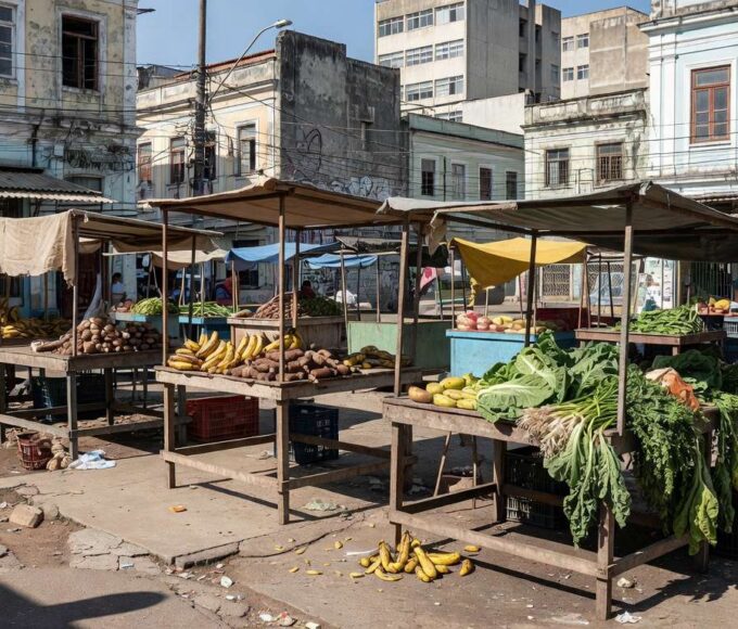 Feira livre brasileira com barracas vazias, crítica a licitações sem inclusão social