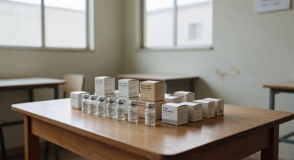 Frascos de vacinas contra herpes zóster e pentavalente em posto de saúde do SUS no DF