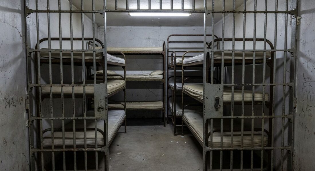 Cela superlotada em presídio do Distrito Federal evidenciando violações no sistema prisional