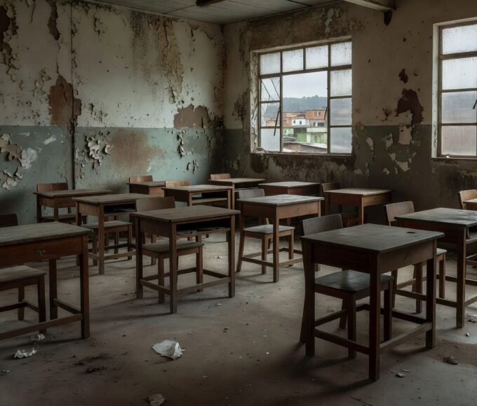 Sala de aula vazia simbolizando fracasso da educação de jovens e adultos