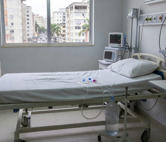 Dreno torácico em quarto de hospital após pneumotórax