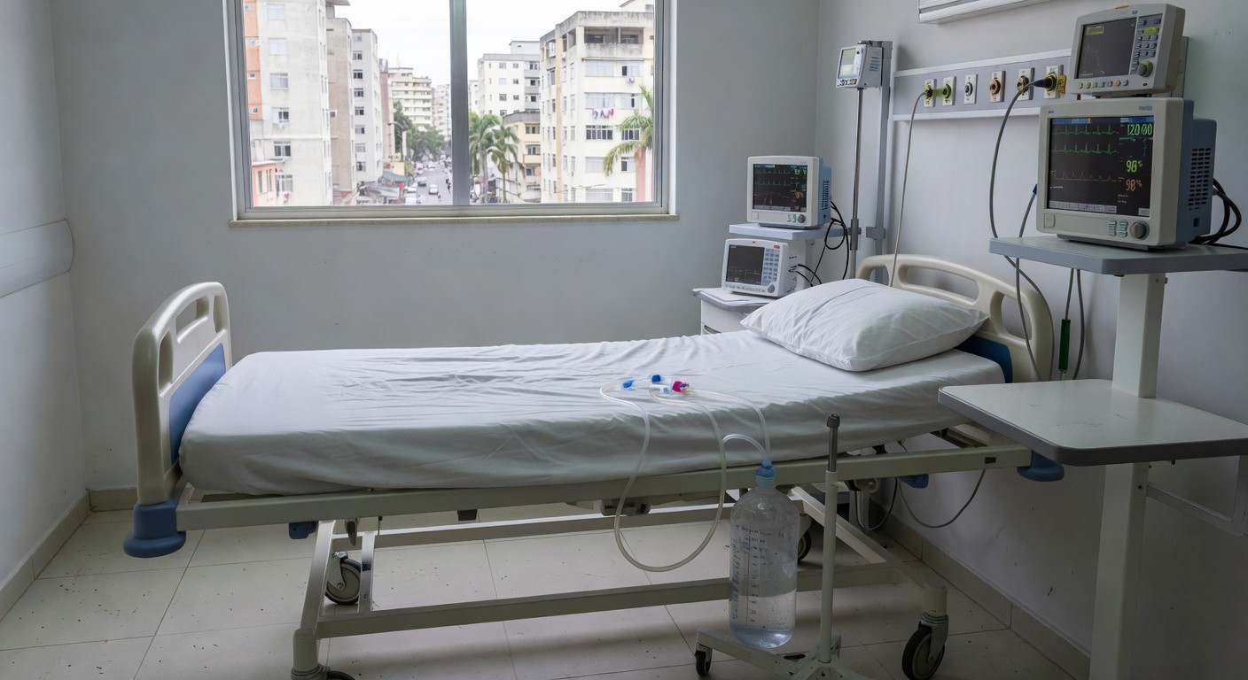 Dreno torácico em quarto de hospital após pneumotórax