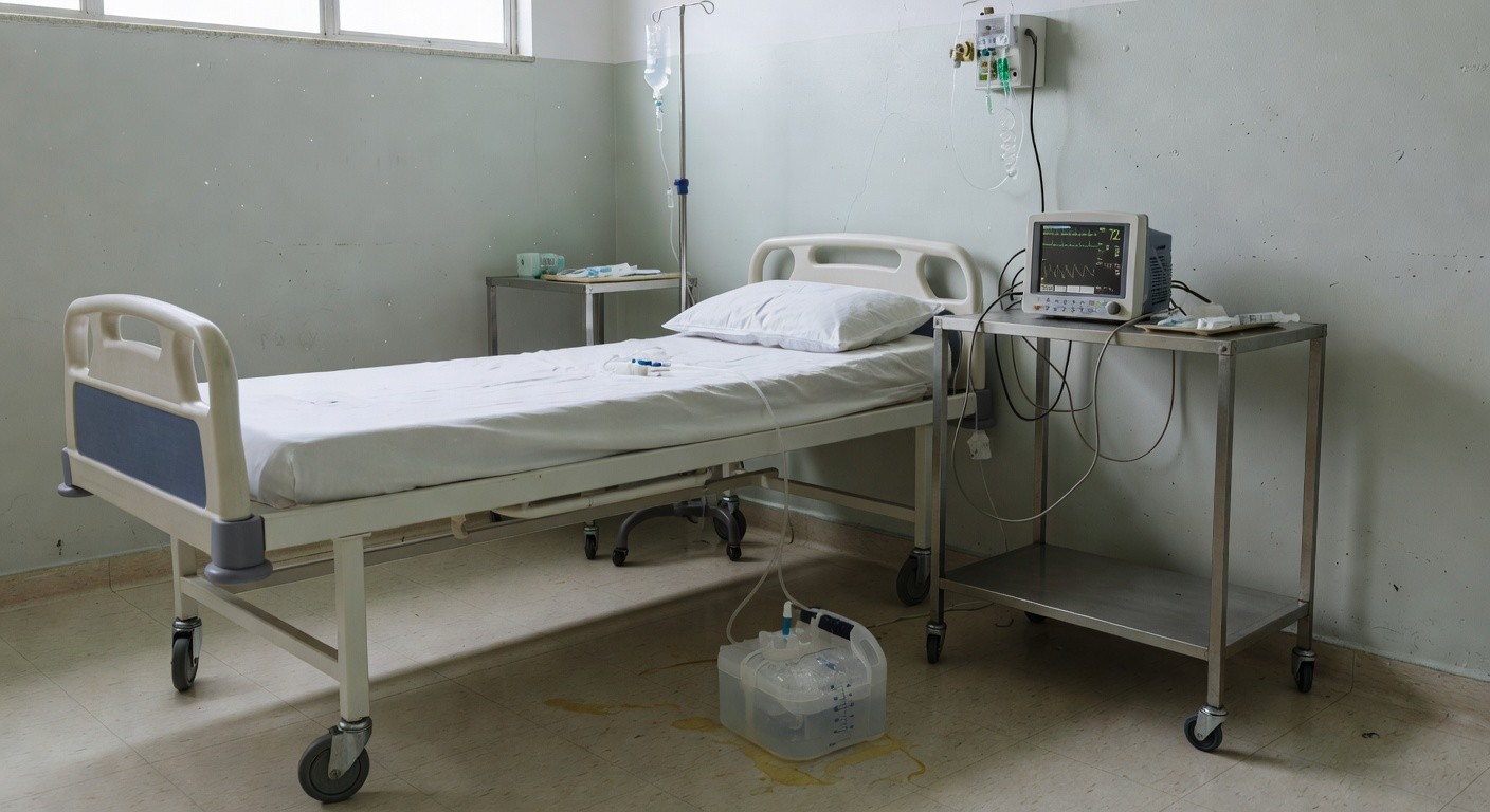 Equipamentos médicos e dreno torácico em hospital brasileiro para tratamento de pneumotórax