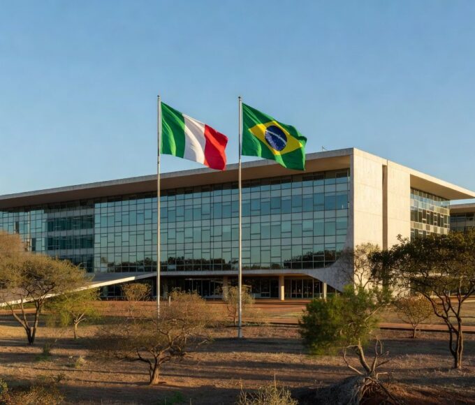 Embaixada da Itália em Brasília com bandeiras durante celebração dos 80 anos da República Italiana