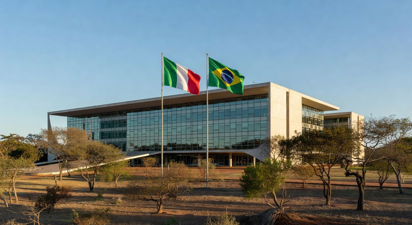 Embaixada da Itália em Brasília com bandeiras durante celebração dos 80 anos da República Italiana