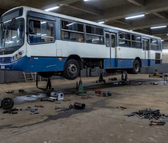 Ônibus elevado em garagem de manutenção no Distrito Federal