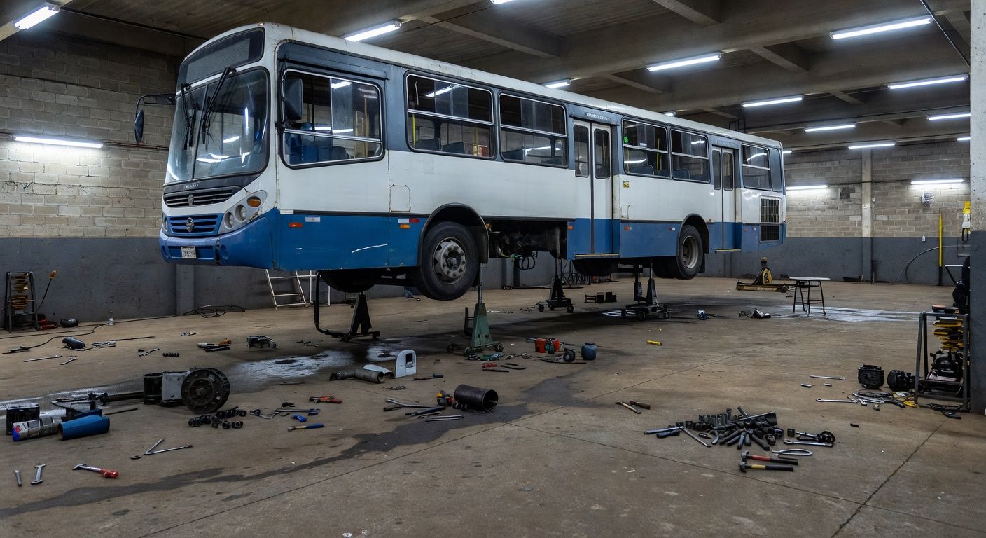Ônibus elevado em garagem de manutenção no Distrito Federal