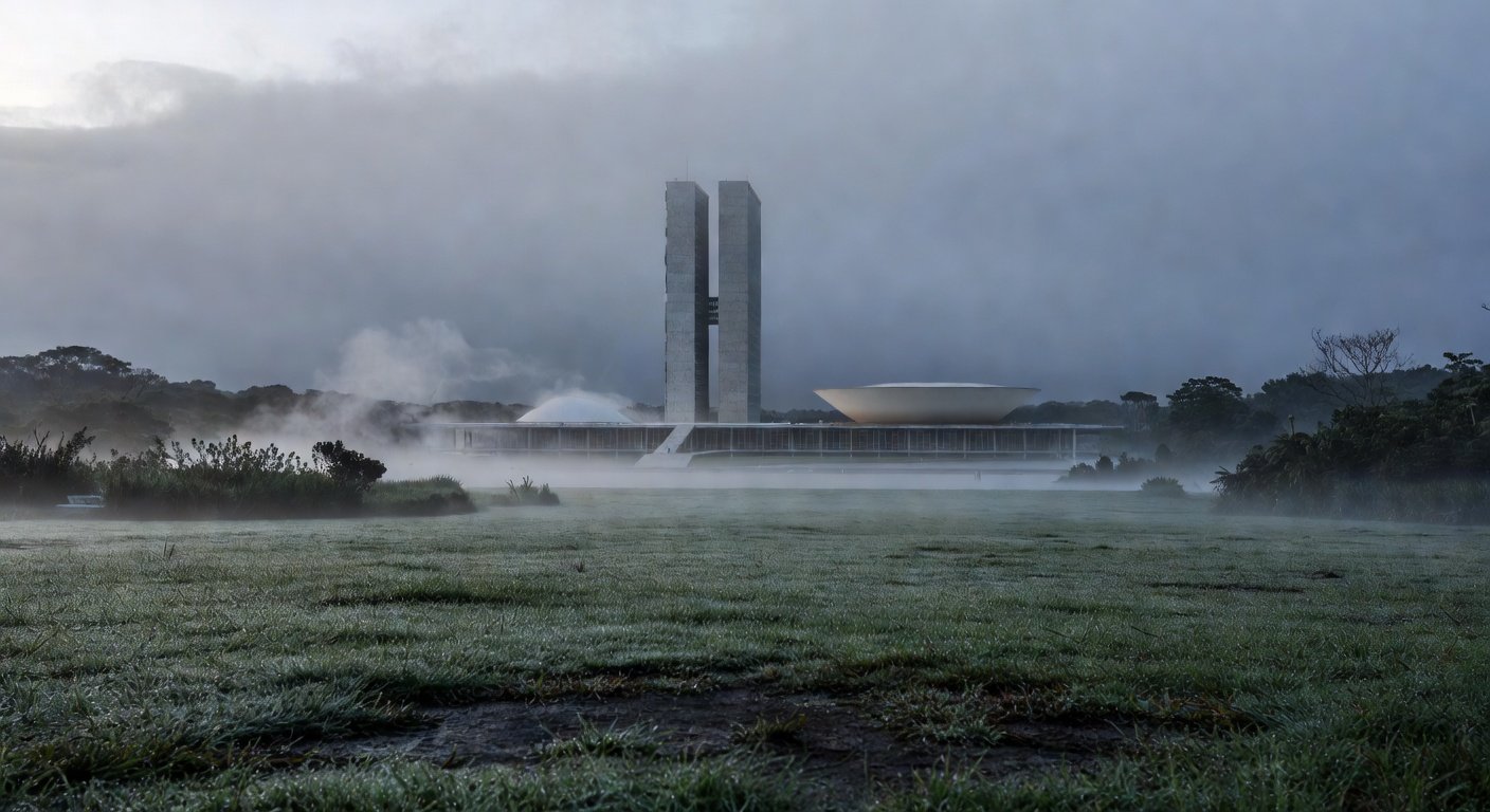 Manhã fria em Brasília com 11°C, Congresso Nacional e orvalho no gramado