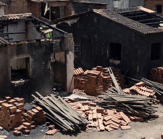 Casas destruídas por incêndio em Estrutural com materiais de construção para reconstrução